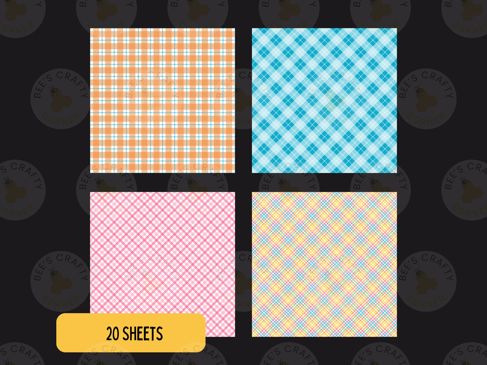 four square patterns with different plaid designs, including a yellow and orange plaid pattern, a blue and white plaid pattern, a pink and white plaid pattern, and a yellow and blue plaid pattern. The image also includes a text overlay that says "20 SHEETS" and a logo that reads "BEES CRAFTY".