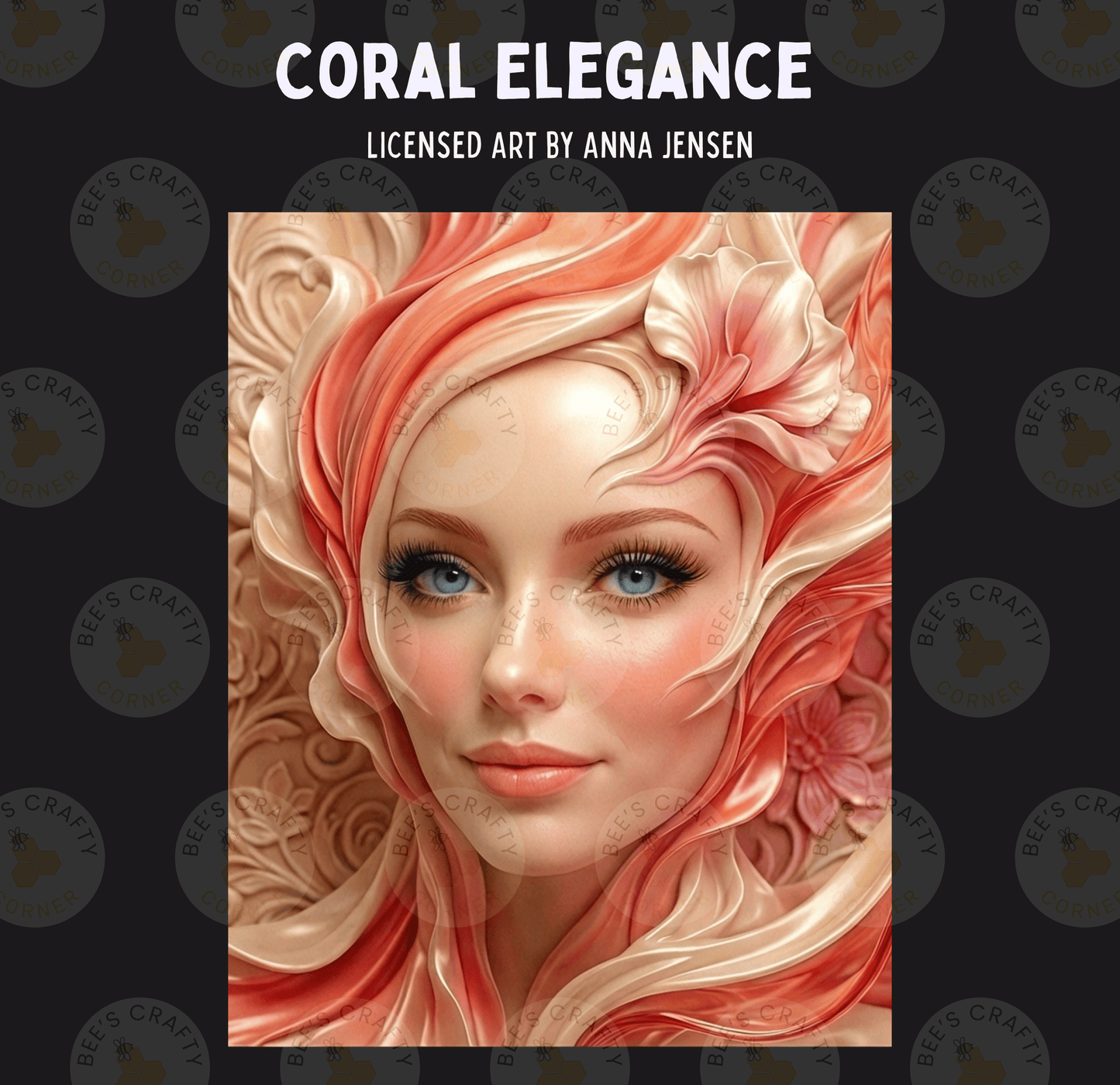 The image is a digital artwork depicting a close-up of a woman's face with intricate floral and floral patterns surrounding her.