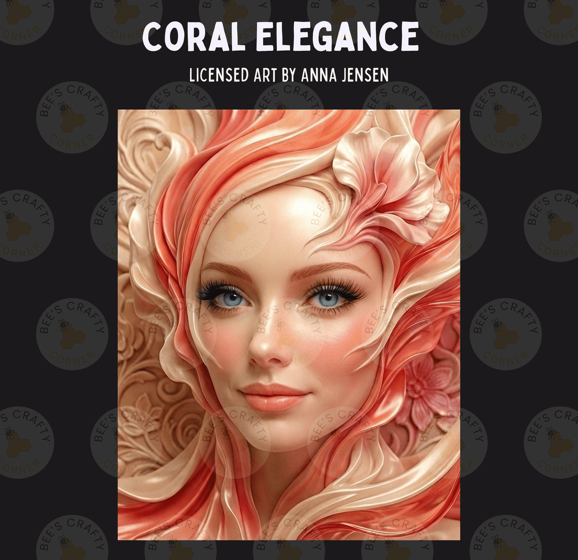 The image is a digital artwork depicting a close-up of a woman's face with intricate floral and floral patterns surrounding her.