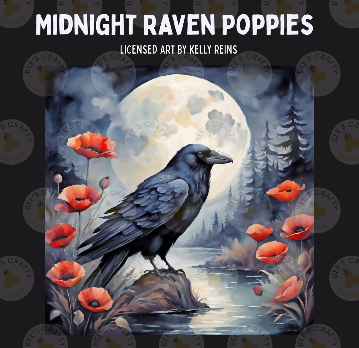 The image is a painting depicting a black raven perched on a rock, surrounded by red poppies and a full moon in the background.
