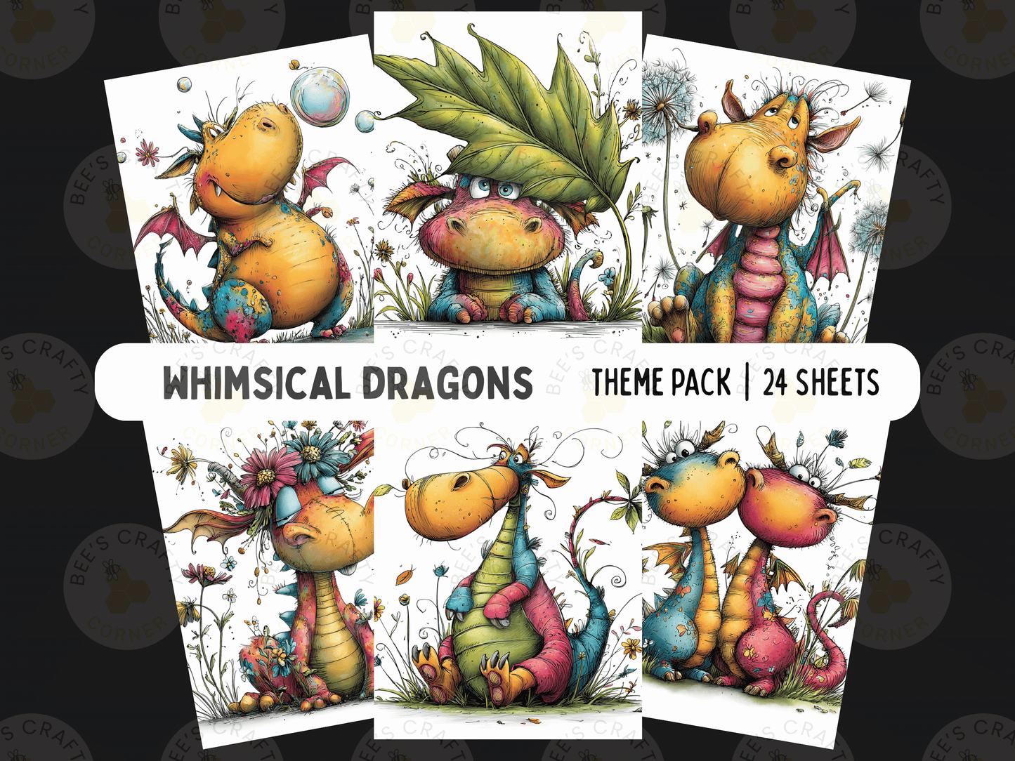 The image is a theme pack of whimsical dragons, containing 24 colorful illustrations of dragons in various poses and settings.