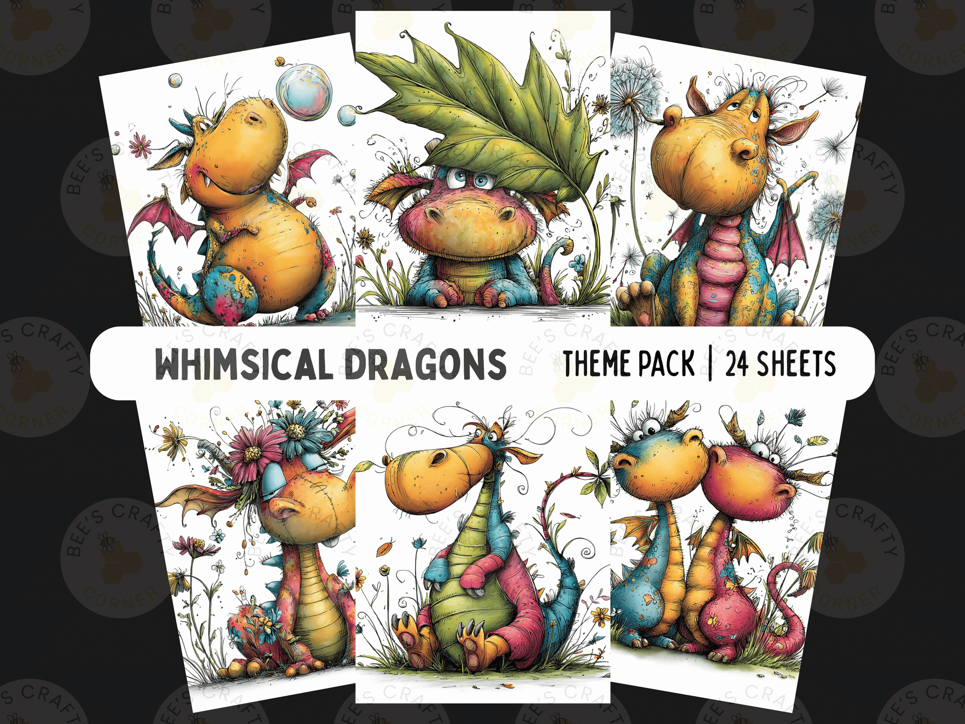 The image is a theme pack of whimsical dragons, containing 24 colorful illustrations of dragons in various poses and settings.