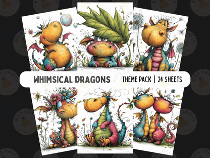 The image is a theme pack of whimsical dragons, containing 24 colorful illustrations of dragons in various poses and settings.