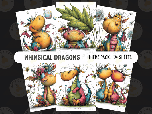 The image is a theme pack of whimsical dragons, containing 24 colorful illustrations of dragons in various poses and settings.
