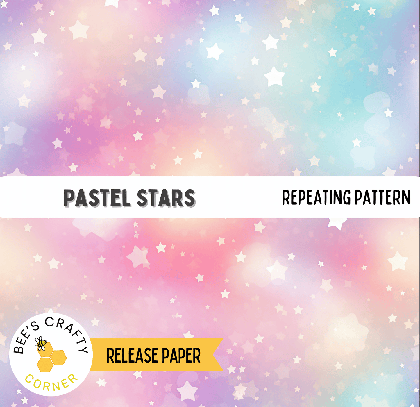 The image is a pastel-colored background with numerous white stars scattered across it. The text "PASTEEL STARS" and "REPEATING PATTERN" are visible, indicating the pattern and the type of the image. The image is described as a release paper, suggesting it is a sample or preview for a larger project.