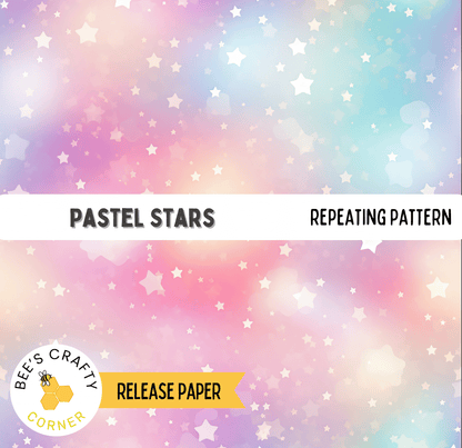 The image is a pastel-colored background with numerous white stars scattered across it. The text "PASTEEL STARS" and "REPEATING PATTERN" are visible, indicating the pattern and the type of the image. The image is described as a release paper, suggesting it is a sample or preview for a larger project.