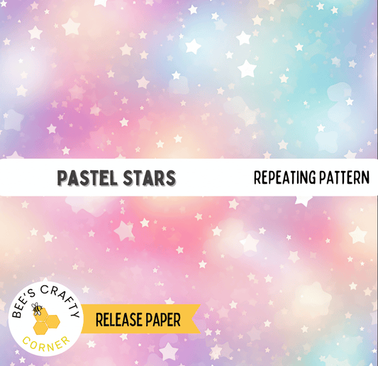The image is a pastel-colored background with numerous white stars scattered across it. The text "PASTEEL STARS" and "REPEATING PATTERN" are visible, indicating the pattern and the type of the image. The image is described as a release paper, suggesting it is a sample or preview for a larger project.