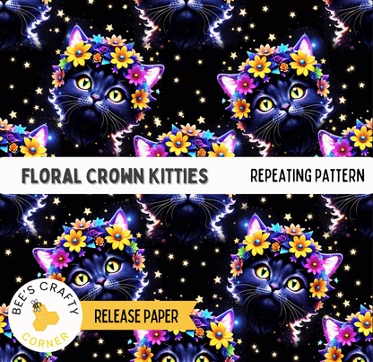 The image is a repeating pattern of floral crown kittens against a starry night sky background.