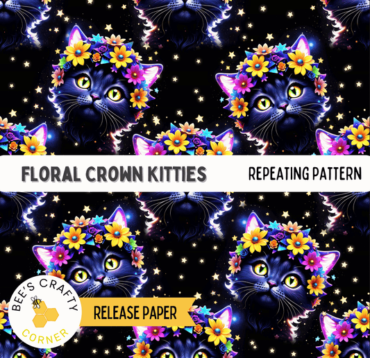 The image is a repeating pattern of floral crown kittens against a starry night sky background.
