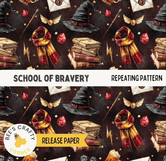 The image is a repeating pattern featuring various objects and symbols associated with the Harry Potter series, such as books, wands, spells, and magical creatures.