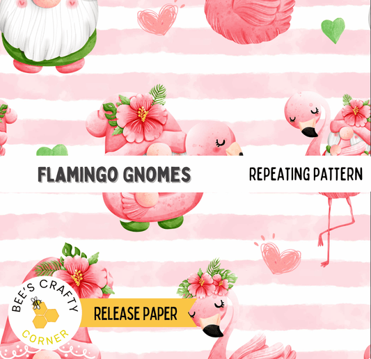 The image is a repeating pattern featuring pink flamingos, flowers, and hearts against a pink and white striped background.