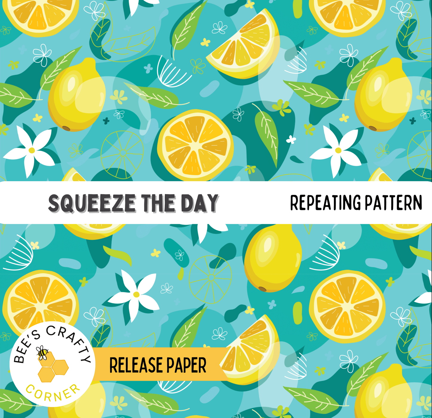 The image is a repeating pattern of lemon slices and flowers on a blue background.