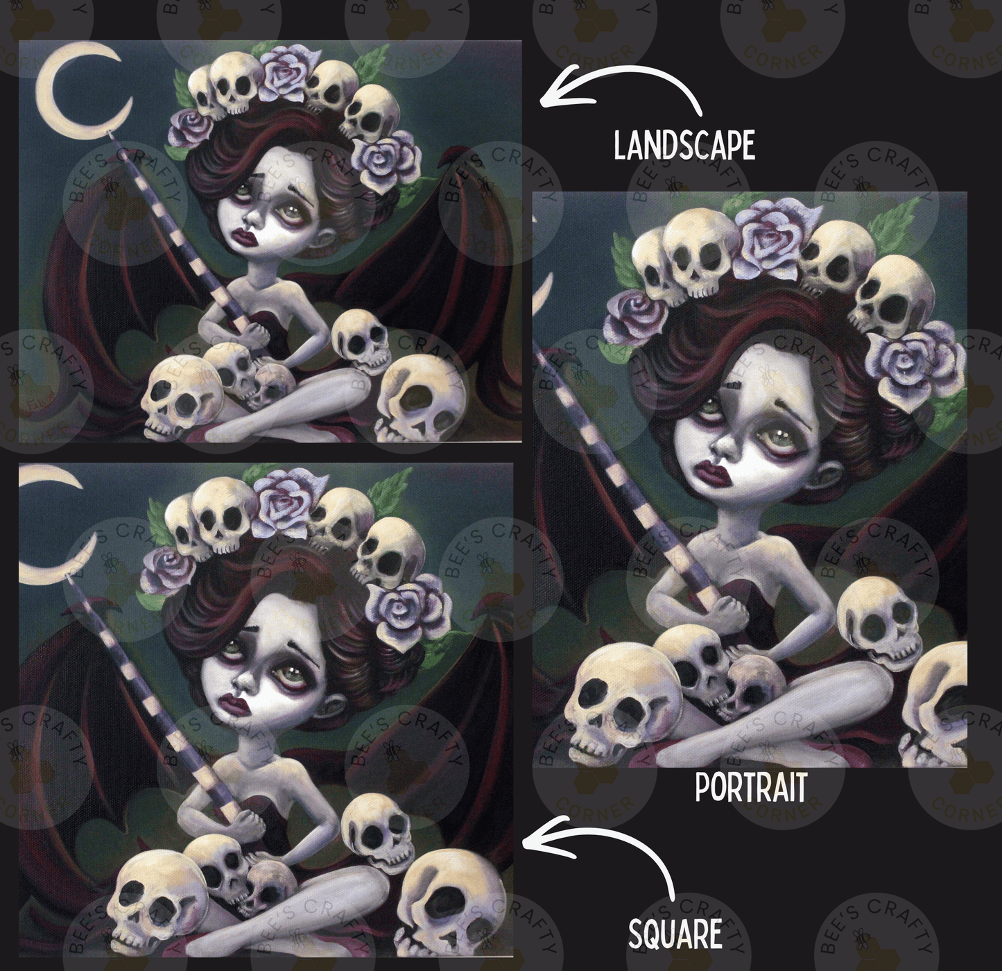 The image is a collage of three images depicting a woman with a skull-adorned headdress, surrounded by numerous skulls. The images are labeled as "Landscape" and "Portrait" to differentiate between the two artistic styles.