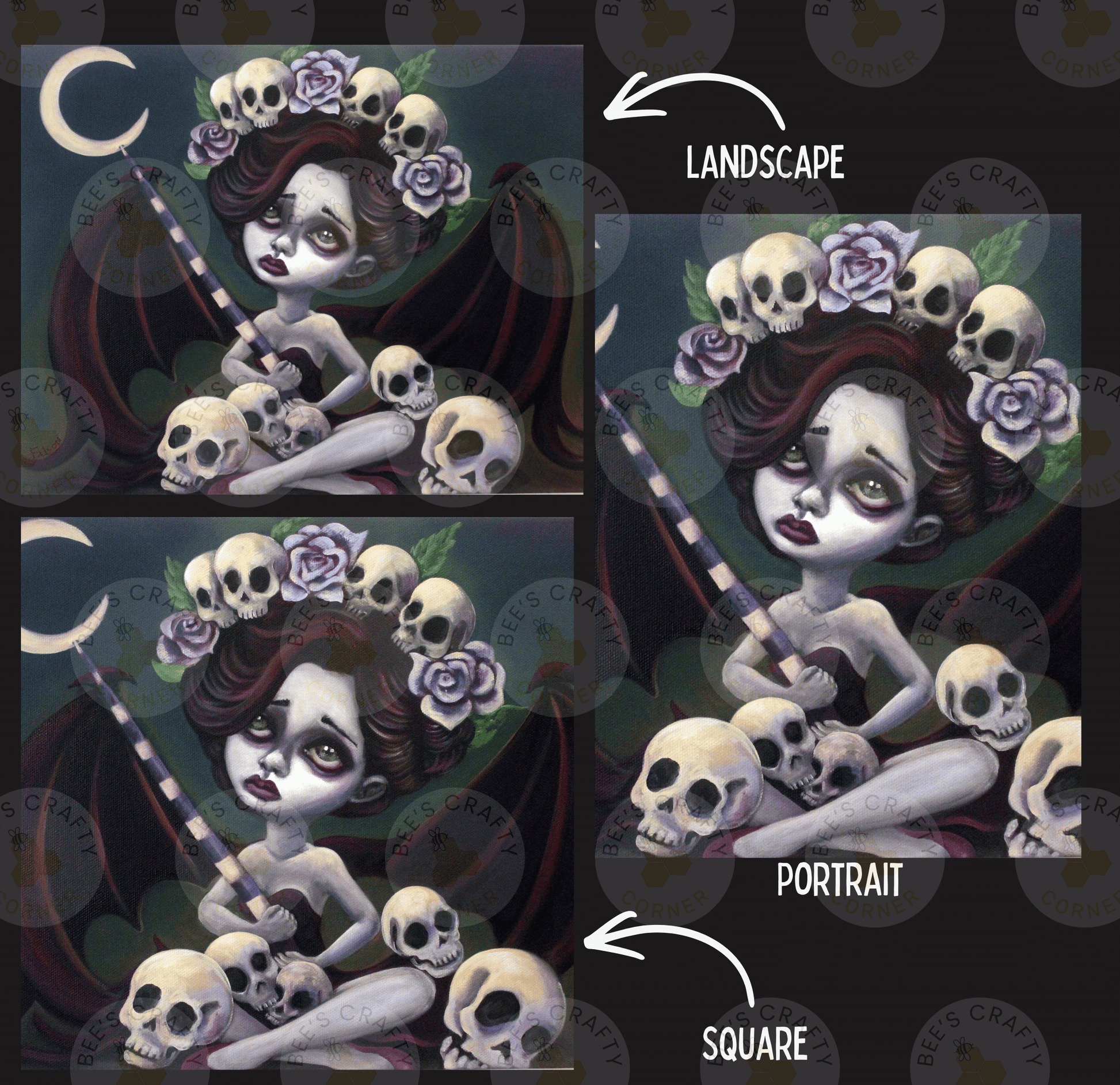 The image is a collage of three images depicting a woman with a skull-adorned headdress, surrounded by numerous skulls. The images are labeled as "Landscape" and "Portrait" to differentiate between the two artistic styles.