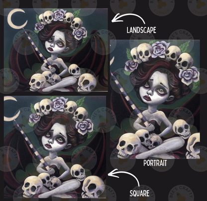 The image is a collage of three images depicting a woman with a skull-adorned headdress, surrounded by numerous skulls. The images are labeled as "Landscape" and "Portrait" to differentiate between the two artistic styles.