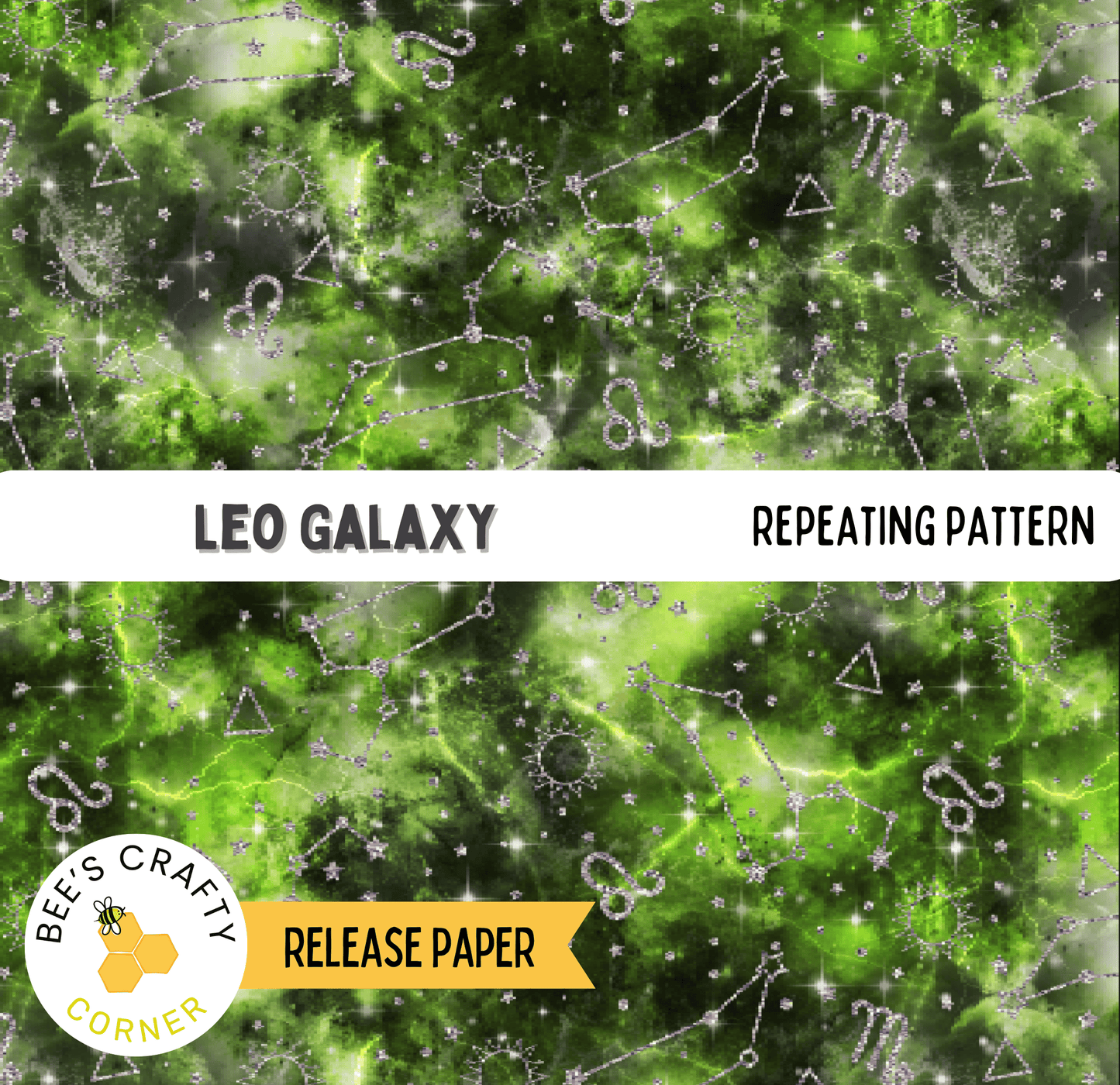 The image is a repeating pattern of a green and white color scheme, featuring various celestial elements such as stars, planets, and other cosmic objects. The pattern is described as a "repeating pattern" and includes the text "LEO GALAXY" and "REPEATING PATTERN".