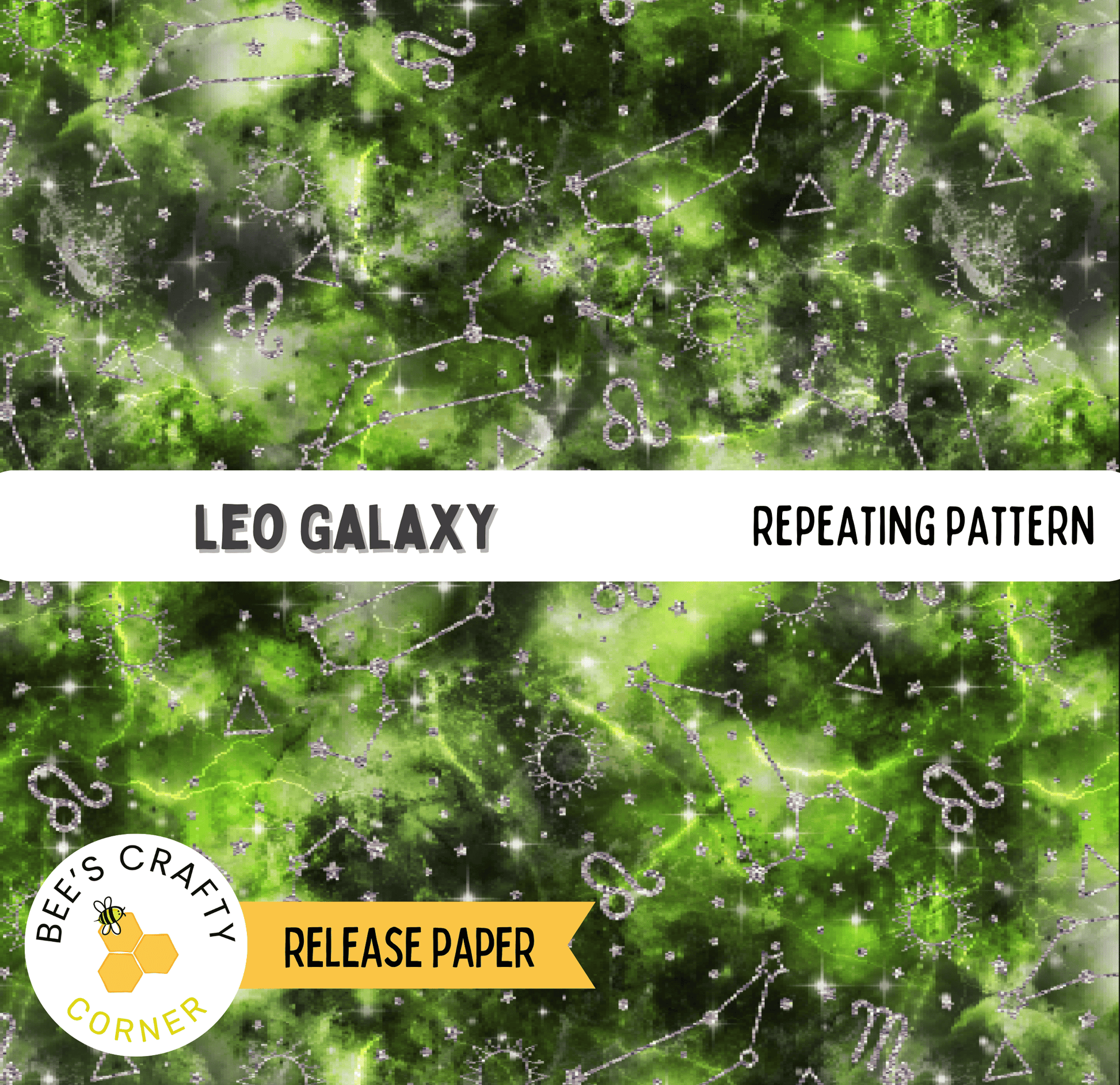 The image is a repeating pattern of a green and white color scheme, featuring various celestial elements such as stars, planets, and other cosmic objects. The pattern is described as a "repeating pattern" and includes the text "LEO GALAXY" and "REPEATING PATTERN".
