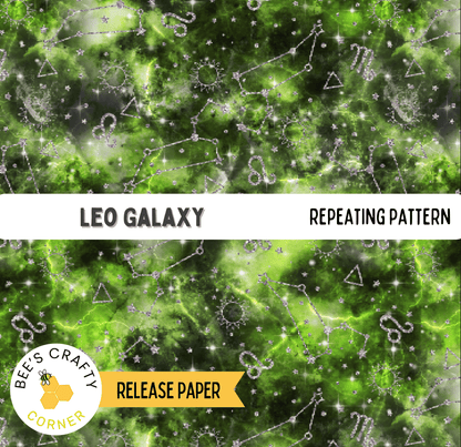 The image is a repeating pattern of a green and white color scheme, featuring various celestial elements such as stars, planets, and other cosmic objects. The pattern is described as a "repeating pattern" and includes the text "LEO GALAXY" and "REPEATING PATTERN".