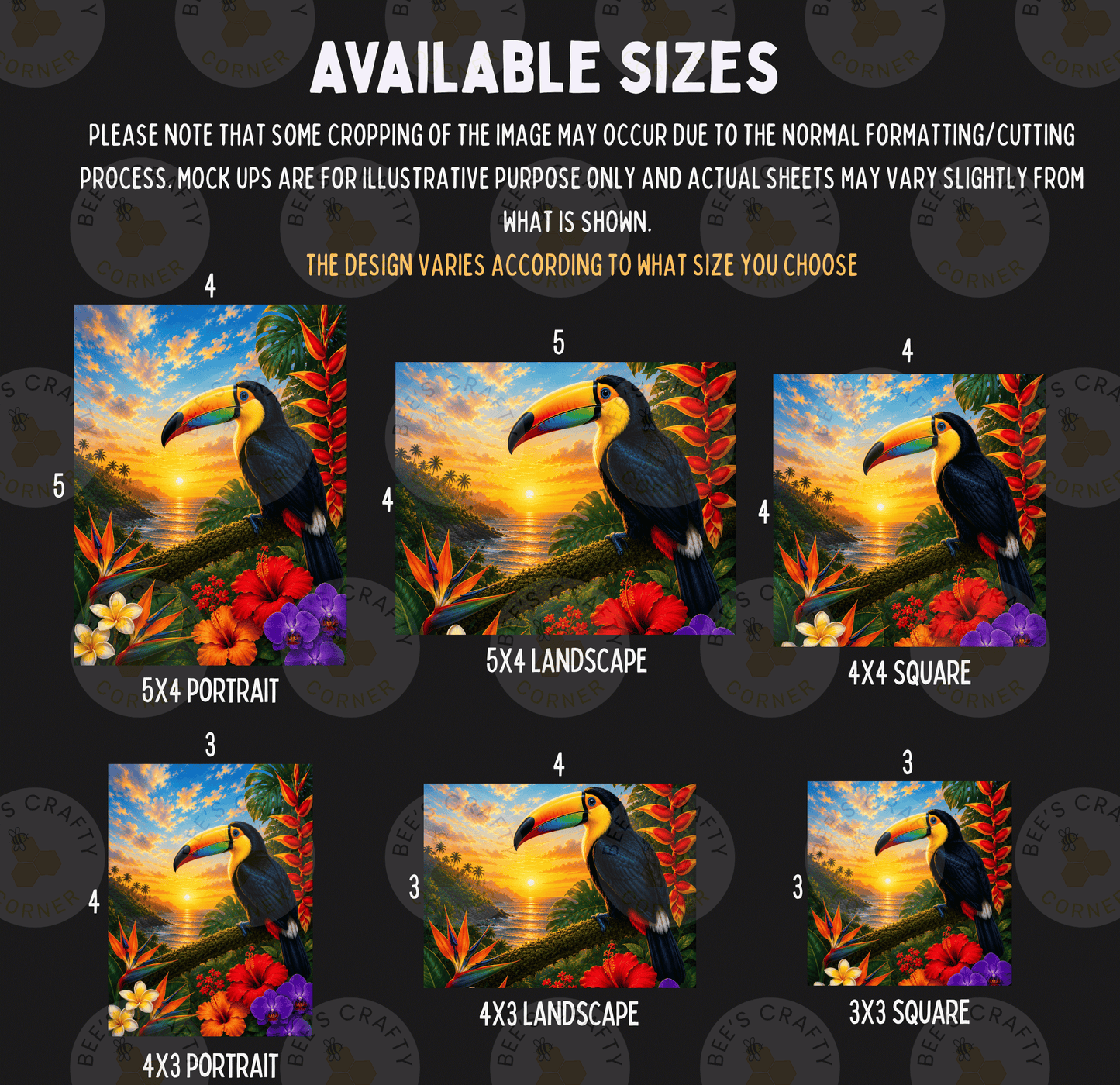 six different sizes of tropical bird portraits, including a large 5x4 portrait, a smaller 5x3 square, and a smaller 3x3 square. The sizes vary from 5x4 to 5x3, and each portrait has a different background, such as a sunset or a tropical landscape. The image is a collage of multiple images, and the sizes are not described individually but rather grouped together based on their relative size.