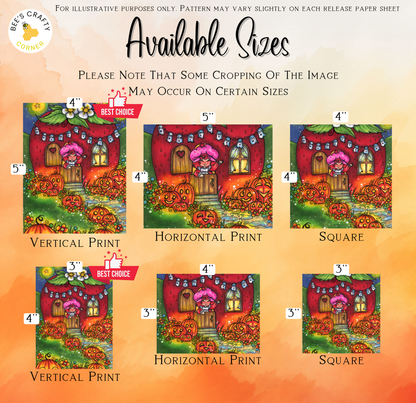 The image is a collection of six different sizes of illustrations of a whimsical, colorful scene featuring a house, pumpkins, and other fall-themed elements. The illustrations are arranged in a grid format, with each size represented by a different image. The sizes are labeled as follows: 4", 5", 4", 5", 4", and 5". The illustrations are described as "Vertical Print", "Horizontal Print", "Vertical Print", "Horizontal Print", "Vertical Print", and "Horizontal Print".