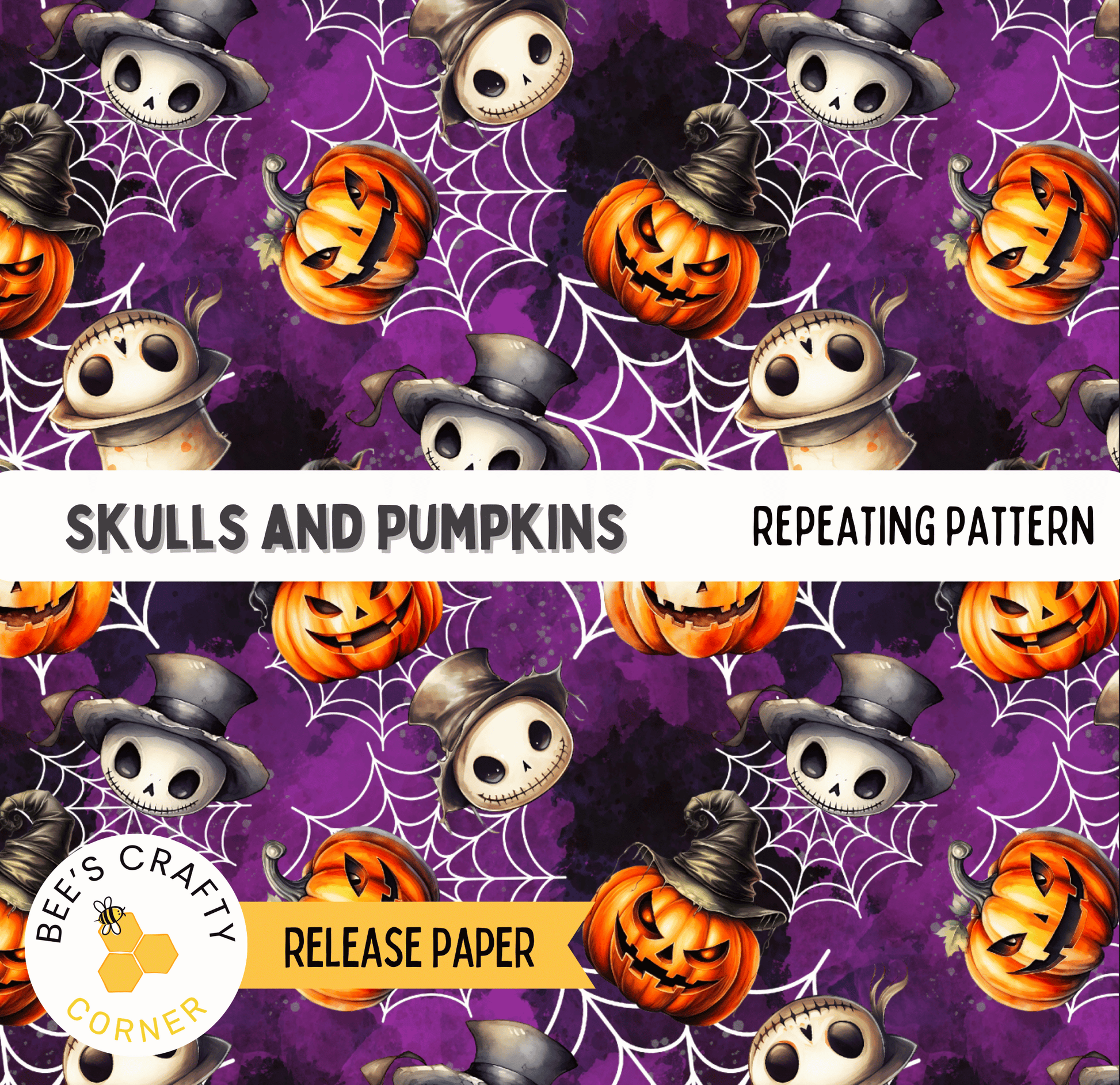 The image is a repeating pattern of Halloween-themed skulls and pumpkins against a purple background, with a web design element.