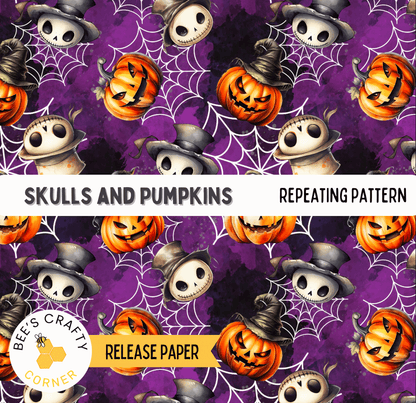 The image is a repeating pattern of Halloween-themed skulls and pumpkins against a purple background, with a web design element.