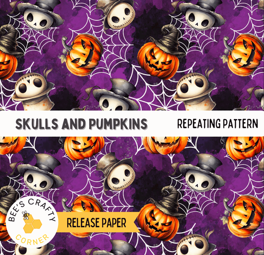 The image is a repeating pattern of Halloween-themed skulls and pumpkins against a purple background, with a web design element.
