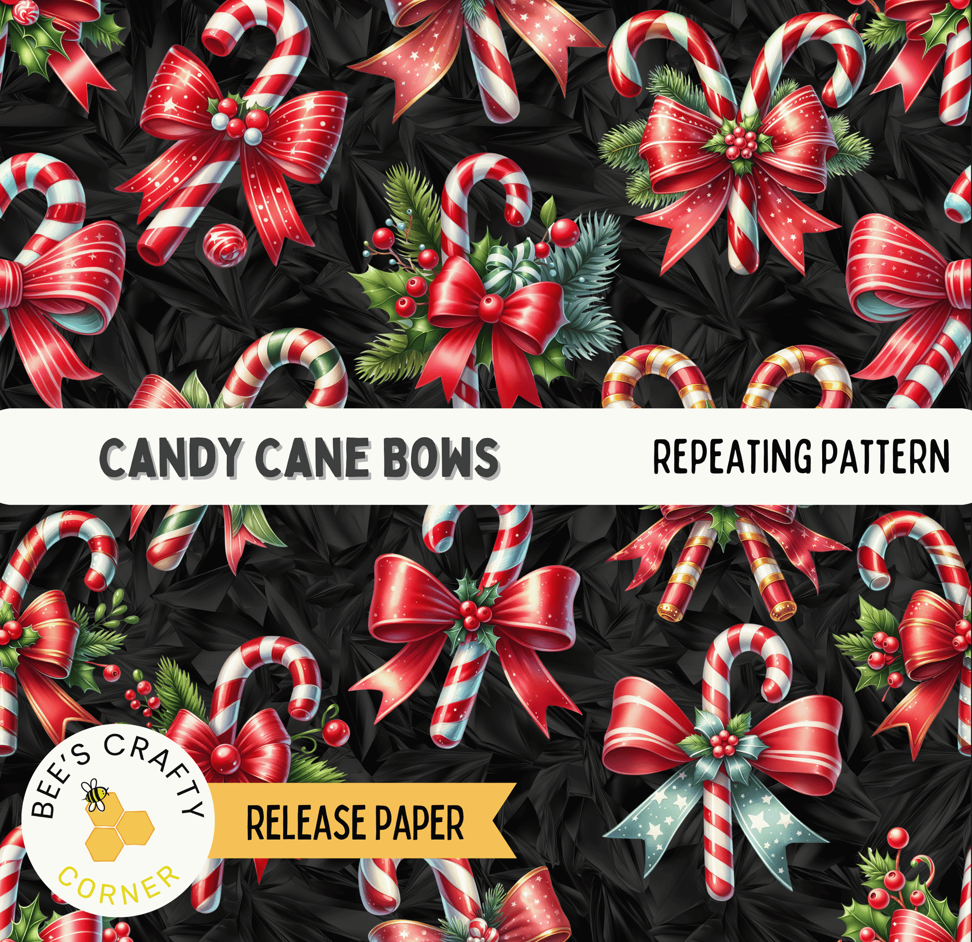The image is a repeating pattern of candy cane bows against a black background.