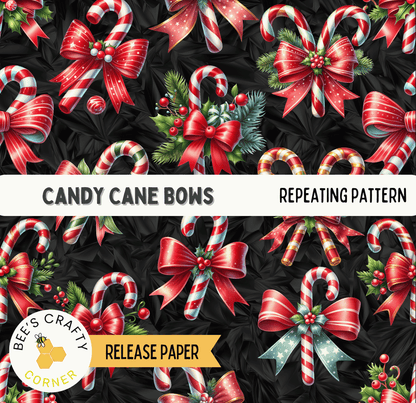 The image is a repeating pattern of candy cane bows against a black background.