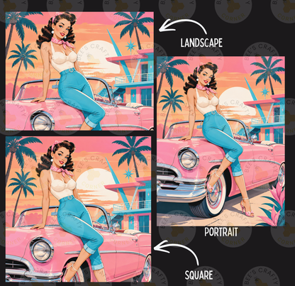 The image is a collage of three images featuring a woman posing in different styles: one in a casual pose on a pink car, another in a more formal pose on a pink car, and the third in a square portrait style.