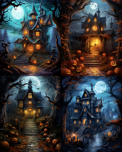 The image is a collage of four Halloween-themed pictures featuring spooky, illuminated houses and trees with jack-o-lanterns.
