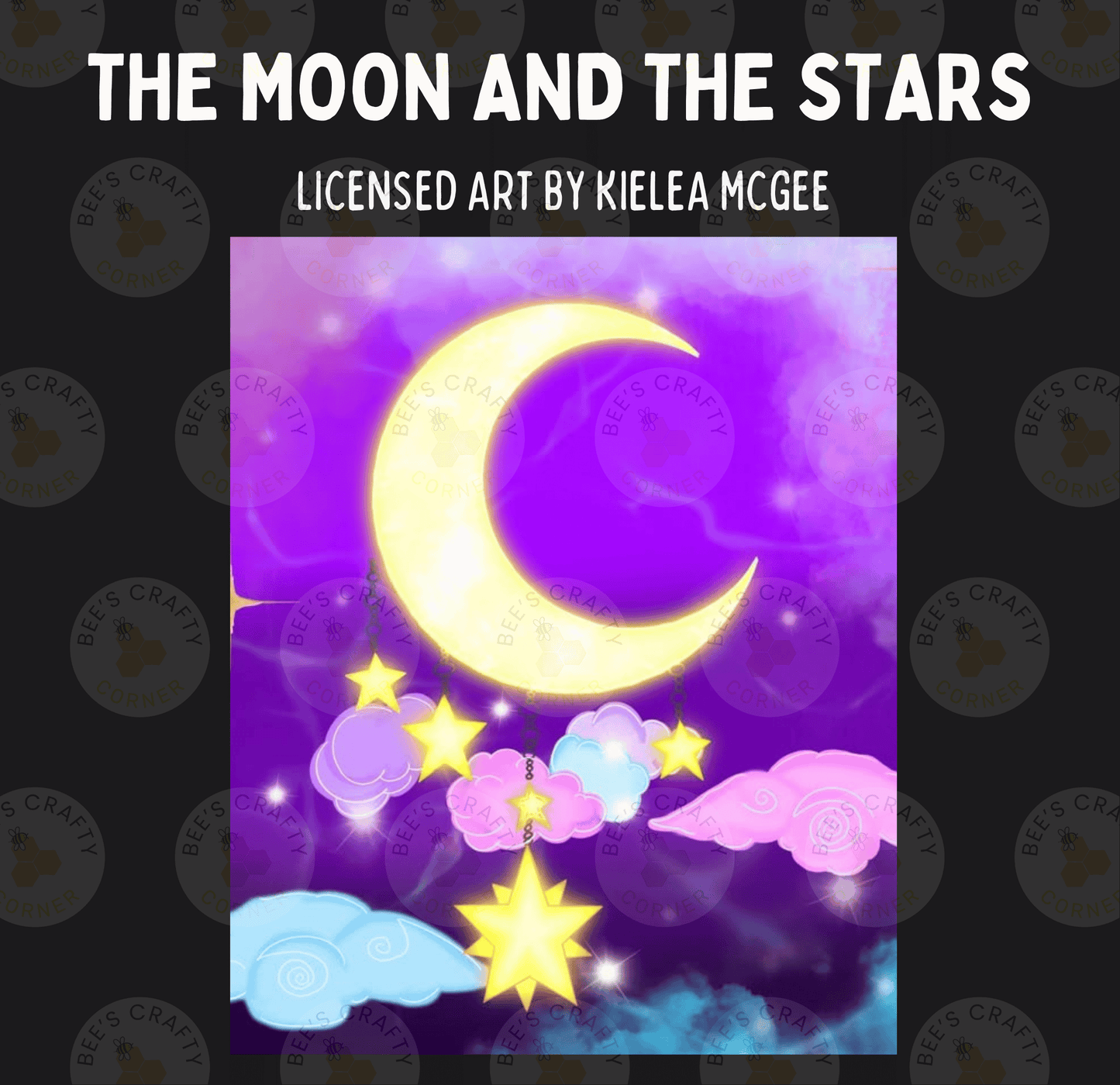 The image is a digital illustration featuring a crescent moon, stars, and clouds against a purple and blue night sky background.