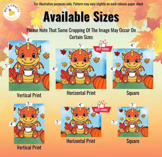 The image is a collection of six different sizes of dragon illustrations, each with a unique size and orientation. The dragons are depicted in various poses, such as sitting, standing, and drinking from a cup. The sizes range from 4" to 4" in height, and the orientations include vertical, horizontal, and square. The image does not contain any text, and the descriptions provided are general and not specific to any particular image.
