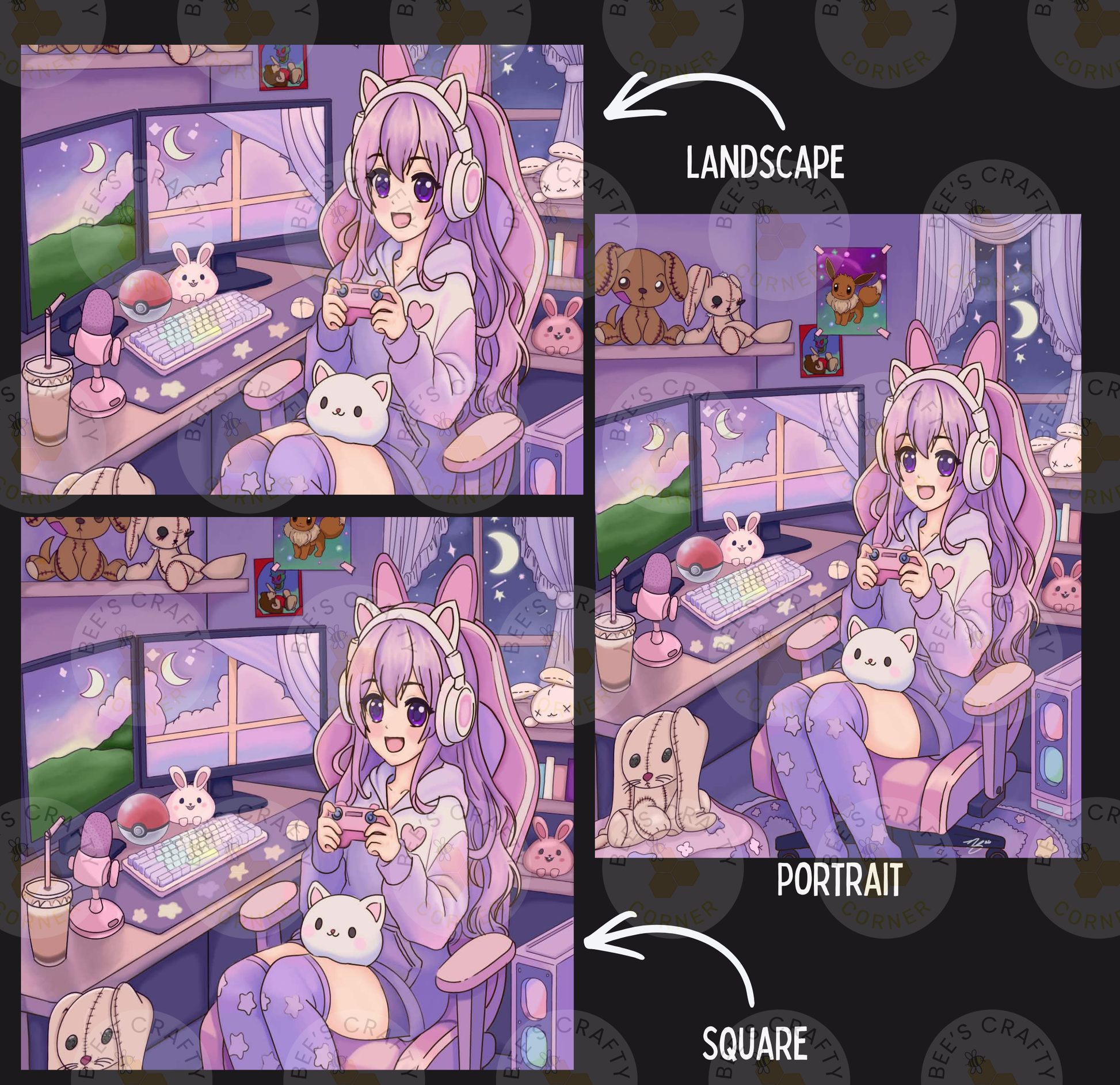 The image is a collage of three pictures depicting a young girl playing a video game, surrounded by various objects and animals. The girl is wearing headphones and appears to be enjoying the gaming experience. The collage includes a landscape scene, a portrait, and a square image.
