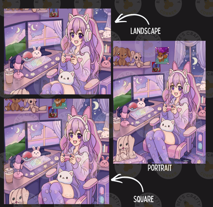 The image is a collage of three pictures depicting a young girl playing a video game, surrounded by various objects and animals. The girl is wearing headphones and appears to be enjoying the gaming experience. The collage includes a landscape scene, a portrait, and a square image.