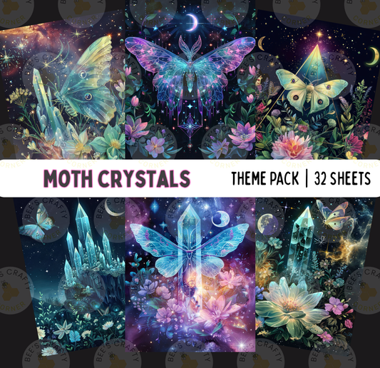 The image is a theme pack containing 32 sheets of artwork, each featuring a different fantastical scene with moths, crystals, and flowers. The artwork includes a variety of butterflies, flowers, and crystal formations, creating a visually captivating and imaginative collection.