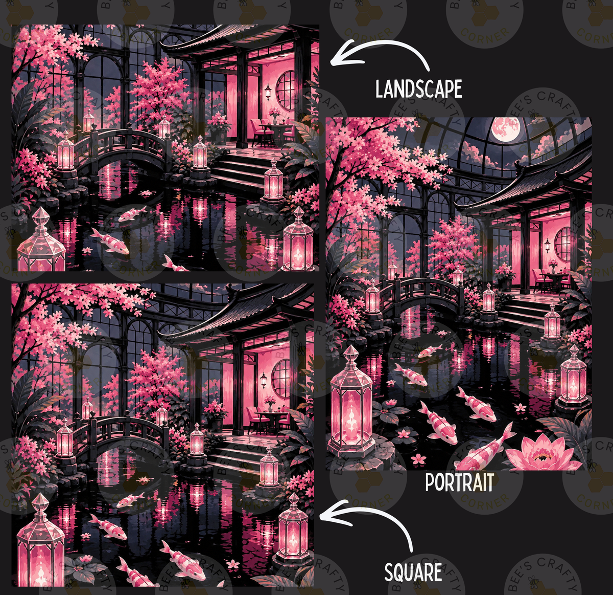 The image is a collage of three pictures depicting a serene and picturesque landscape with a traditional Japanese-style building, a pond with pink flowers, and lanterns. The collage is divided into three sections, each with a different title: "LANDscape", "PORTRAIT", and "SQUARE".