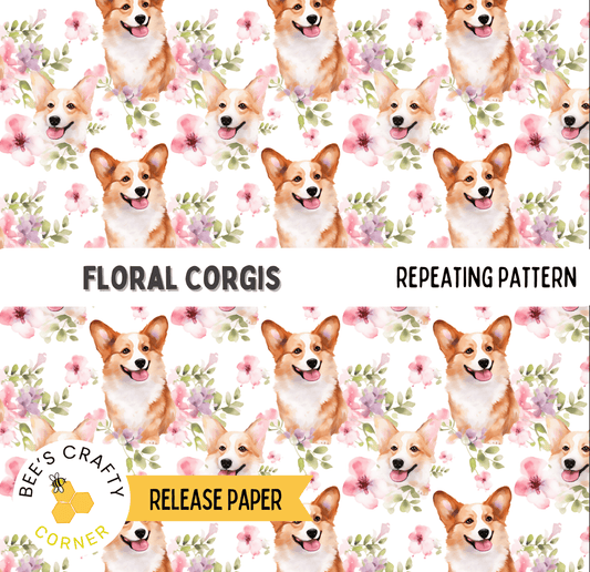The image is a repeating pattern of floral corgi dogs, with each dog having a pink flower on its face. The pattern is designed to resemble a repeating pattern, creating a visually appealing and harmonious design.
