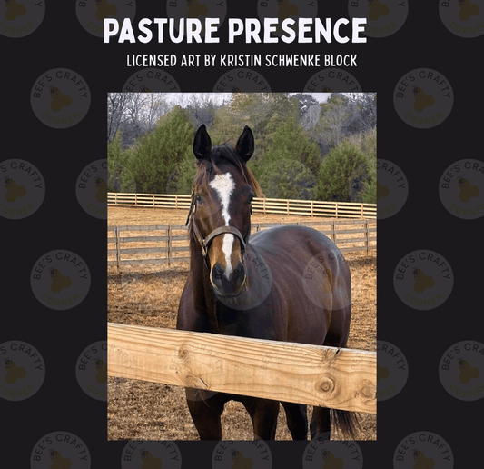 A brown horse with a white blaze stands in a fenced field, with trees in the background.