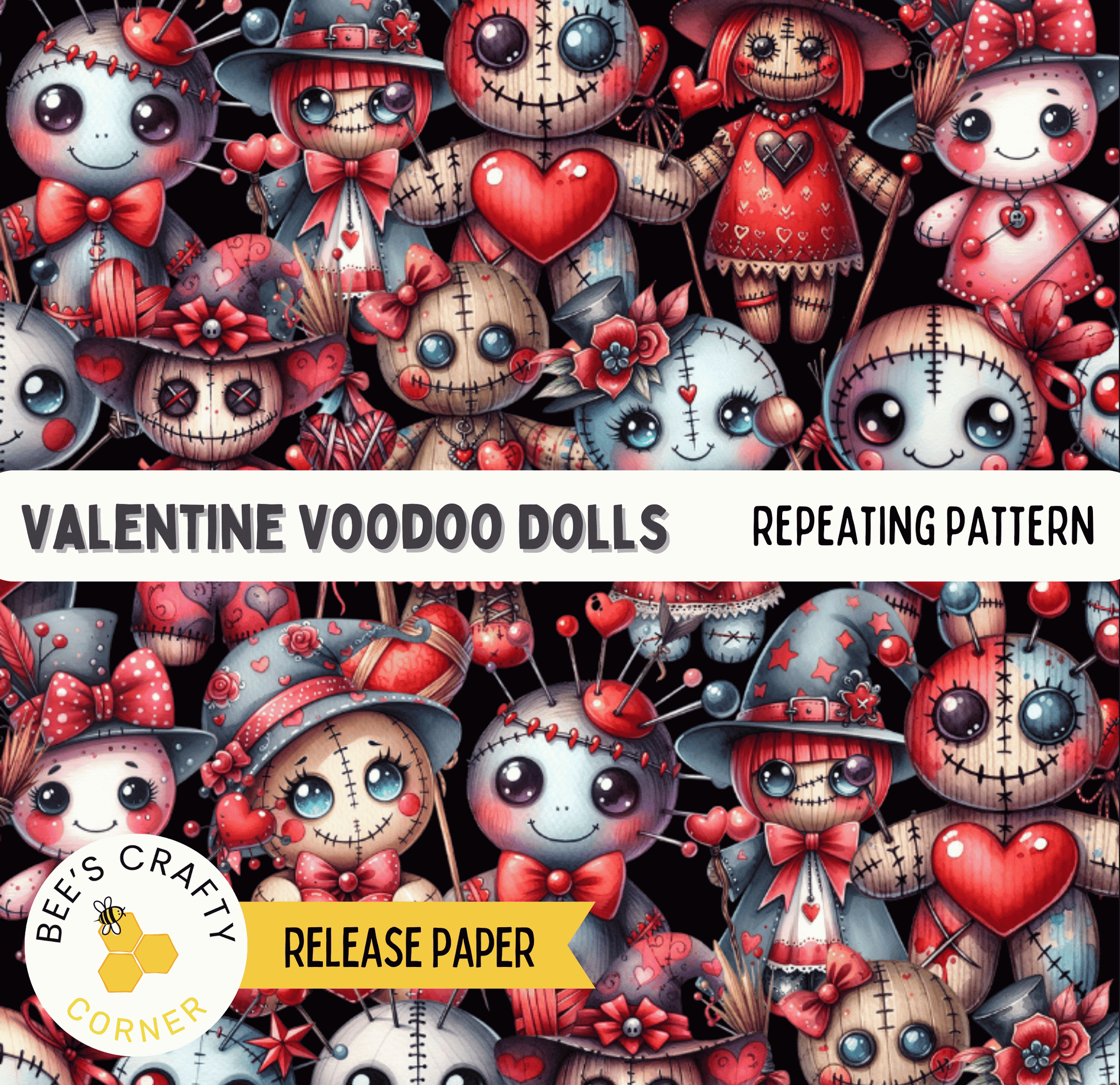 The image is a collage of various Valentine's Day-themed voodoo dolls, featuring a repeating pattern of these dolls against a black background.