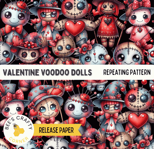 The image is a collage of various Valentine's Day-themed voodoo dolls, featuring a repeating pattern of these dolls against a black background.
