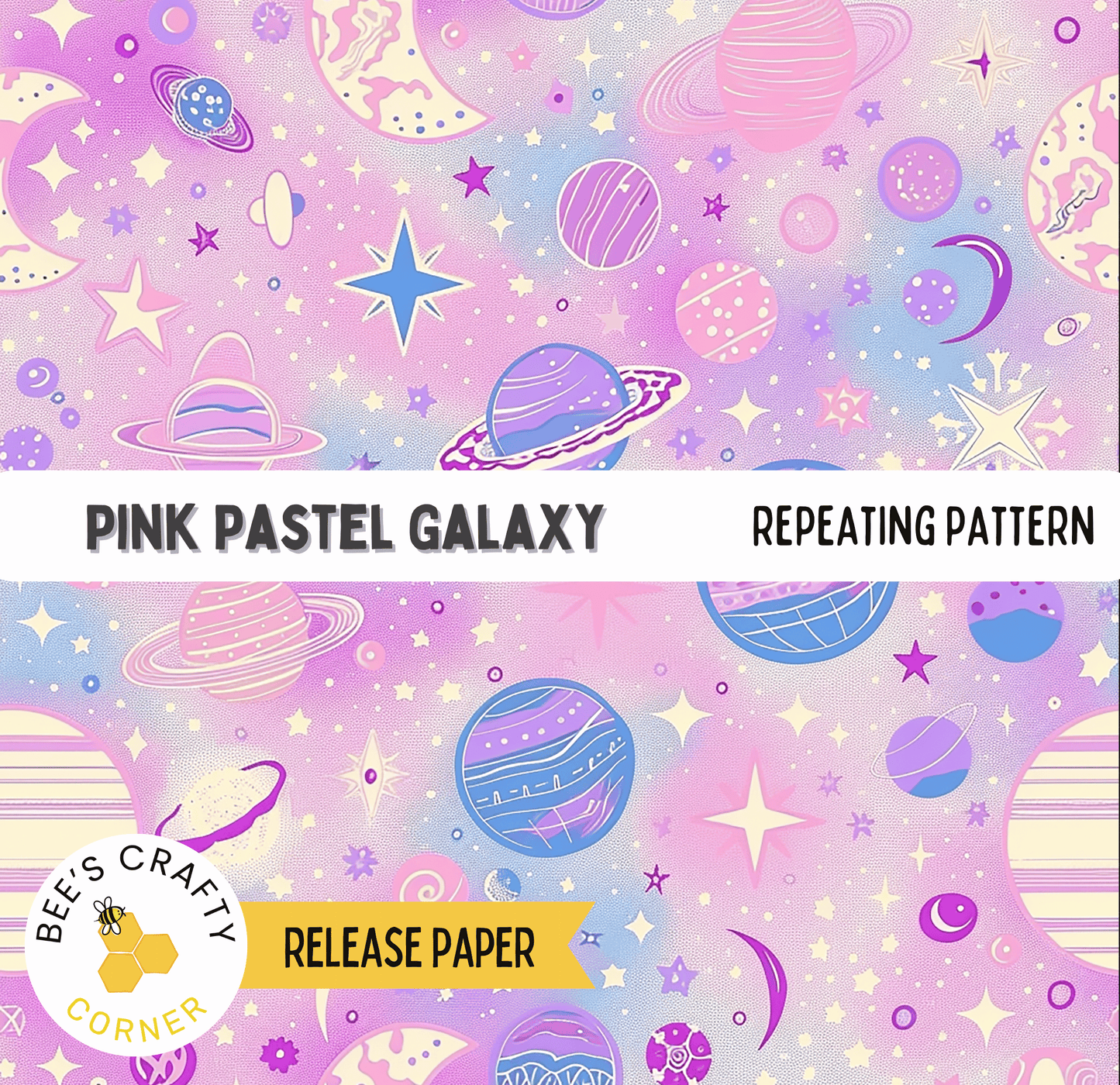 The image is a repeating pattern of various celestial objects and shapes, including planets, stars, and other cosmic elements, all rendered in a pastel color palette.
