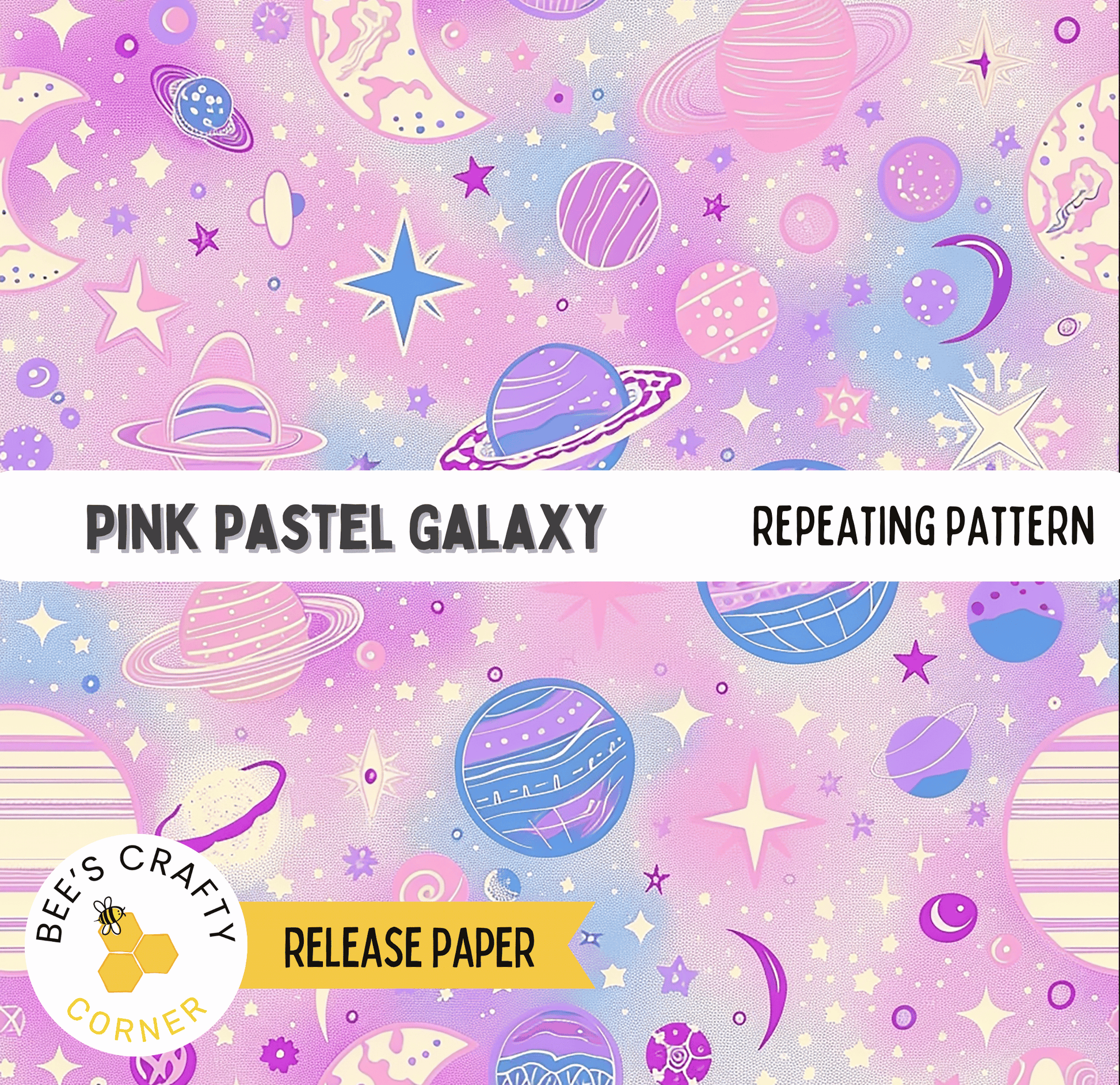 The image is a repeating pattern of various celestial objects and shapes, including planets, stars, and other cosmic elements, all rendered in a pastel color palette.