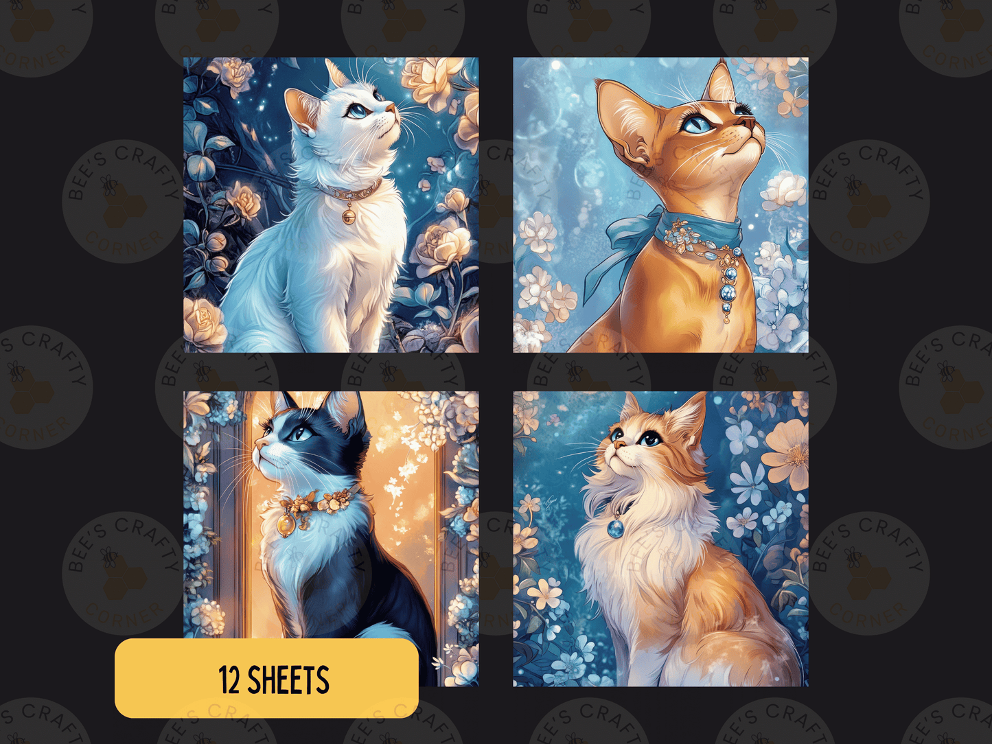 four separate pictures of cats, each with a unique color and style. The cats are depicted in various poses and settings, creating a diverse and visually appealing collage.