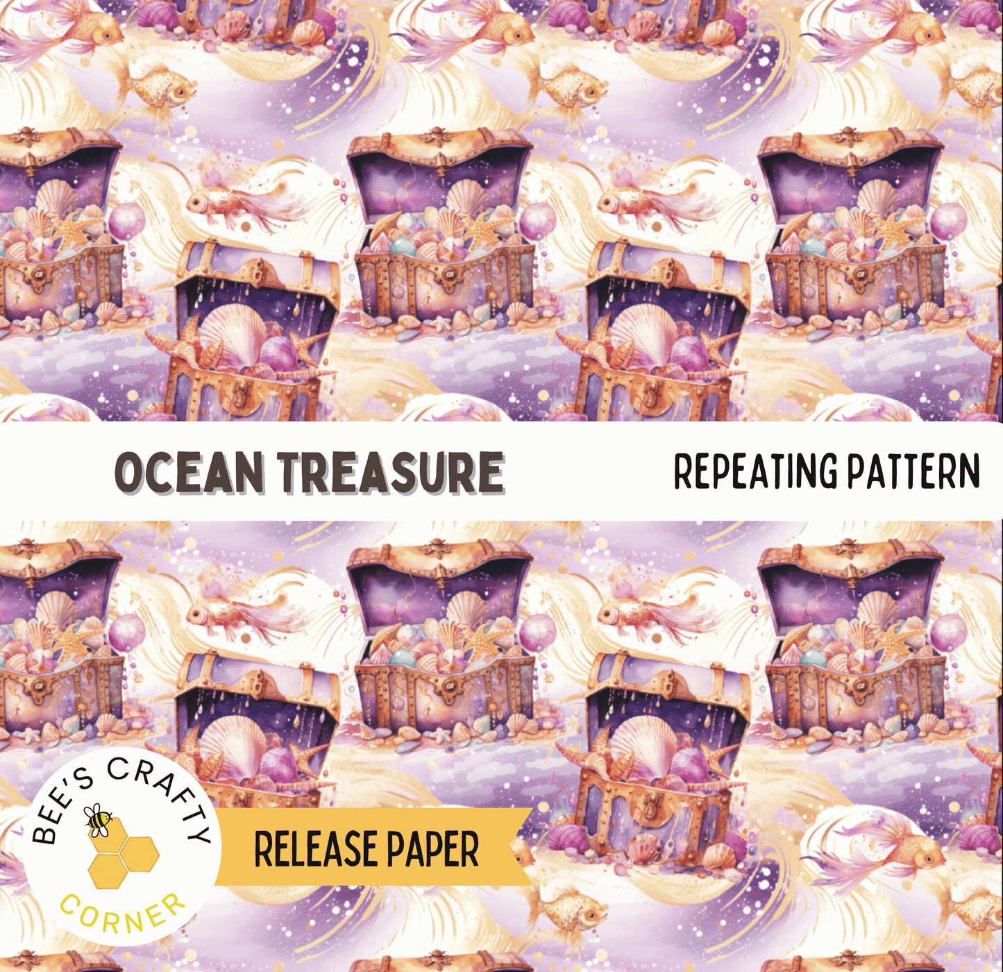The image is a repeating pattern of a treasure chest filled with various objects, such as seashells, pearls, and other marine items, against a purple and gold background.