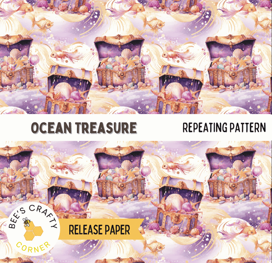 The image is a repeating pattern of a treasure chest filled with various objects, such as seashells, pearls, and other marine items, against a purple and gold background.