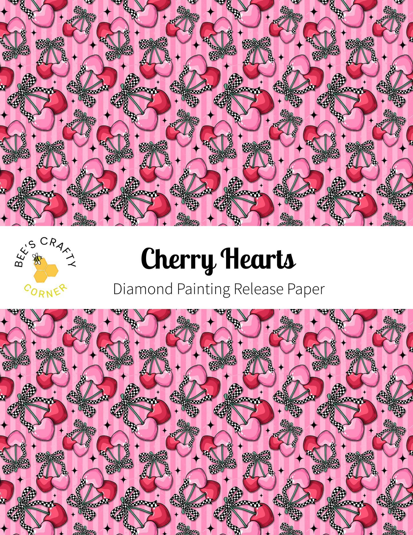 The image is a repeating pattern of pink hearts and black polka dots on a pink background.