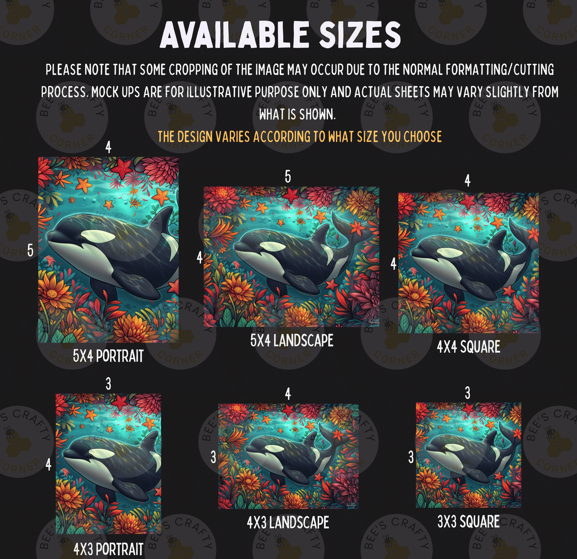 various sizes of artistic interpretations of a whale, including a portrait, landscape, and square. The sizes range from 5x5 to 5x7, and the images depict the whale surrounded by vibrant colors and natural elements.