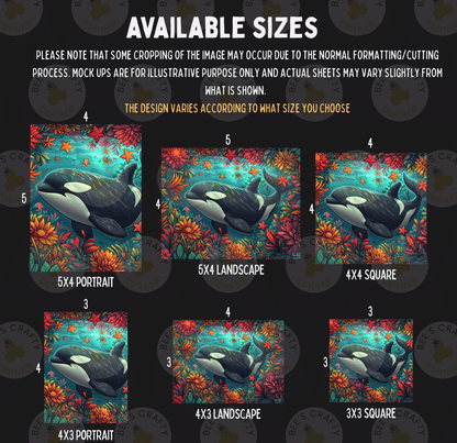 various sizes of artistic interpretations of a whale, including a portrait, landscape, and square. The sizes range from 5x5 to 5x7, and the images depict the whale surrounded by vibrant colors and natural elements.