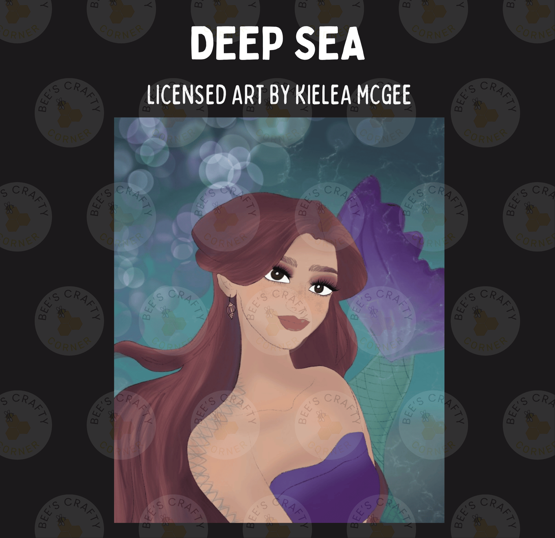 The image is a digital illustration of a woman with long brown hair wearing a purple dress, set against a background of bubbles and a blue-green color scheme.
